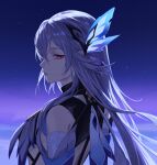  1girl absurdres bare_shoulders breast_curtains butterfly_hair_ornament closed_mouth detached_sleeves expressionless from_side genshin_impact grey_hair hair_ornament highres long_hair looking_at_viewer red_eyes sidelocks skirk_(genshin_impact) solo upper_body uqi32 