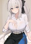  1girl absurdres aqua_eyes arm_at_side belt bingzhi_juzi black_bow black_skirt blush bow bra breasts button_gap cleavage closed_mouth collared_shirt cowboy_shot embarrassed eyelashes fate/grand_order fate_(series) furrowed_brow grey_hair hair_between_eyes hair_bow hand_on_own_chest hand_up head_tilt highres large_breasts long_hair looking_at_viewer morgan_le_fay_(fate) multicolored_clothes multicolored_skirt ponytail see-through see-through_shirt shirt sidelocks sitting skirt solo underwear very_long_hair white_belt white_bra white_shirt 