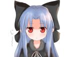  1girl :&lt; bad_link black_bow black_capelet blue_hair bow capelet commentary_request expressionless forehead fur-trimmed_capelet fur_trim hair_bow hair_intakes half_updo len_(tsukihime) light_blue_hair long_hair looking_at_viewer parted_bangs pointy_ears portrait red_eyes shize_(coletti) sidelocks simple_background solo sound_effects staring straight-on straight_hair tsukihime white_background 