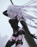  1girl a2_(nier:automata) android blue_eyes breasts hair_between_eyes helen_(helen2210hk) highres holding holding_sword holding_weapon joints large_breasts long_hair nier:automata nier_(series) robot_joints solo sword sword_behind_back torn_clothes twitter_username weapon white_hair zweihander 