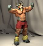  2016 3d_(artwork) abs anthro barefoot beard blonde_hair bottomwear bovid bovine braford braided_beard brown_body brown_eyes brown_fur cattle clothing cloven_hooves curtains dated digital_media_(artwork) dozer_(braford) facial_hair feet fur green_body green_fur hair hooves horn leg_tuft looking_at_viewer male mammal mohawk navel nipples pecs pubes red_bottomwear red_clothing red_shorts shirtless shorts signature solo spots spotted_body spotted_fur tail tail_tuft tuft wristband 