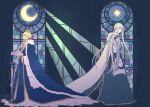  1boy 1girl ahoge airgetlam_(fate) aqua_eyes armor armored_dress artoria_pendragon_(fate) avalon_(fate/stay_night) bedivere_(fate) black_background blonde_hair blue_cape blue_dress blue_eyes braid braided_bun cape crescent_moon crown dress excalibur_(fate/stay_night) expressionless fate/grand_order fate_(series) faulds from_side full_body fur-trimmed_cape fur_trim gauntlets gown green_robe hair_between_eyes hair_bun hair_tubes hands_on_hilt hexagram long_hair long_sleeves looking_ahead looking_at_another looking_back low_twintails moon profile prosthesis prosthetic_arm robe saber sheath sheathed sidelocks single_hair_bun stained_glass standing star_(symbol) star_of_david sunameri_ai sword twintails weapon white_cape white_hair 