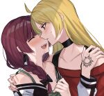  2girls absurdres ahoge aoki_shizumi bare_shoulders bite_mark_on_breast bite_mark_on_neck black_bow black_choker black_straps blonde_hair blush bocchi_the_rock! bow braid breasts choker closed_eyes clothes_pull dress_pull drunk earrings face-to-face french_braid hair_bow hand_on_another&#039;s_shoulder hand_tattoo highres hiroi_kikuri ijichi_seika imminent_kiss jacket jewelry long_hair long_sleeves looking_at_another multiple_girls no_bra off_shoulder open_clothes open_jacket open_mouth purple_hair red_eyes red_sweater scratches sharp_teeth simple_background small_breasts solo sweatdrop sweater tattoo teeth upper_body upper_teeth_only white_background yuri 