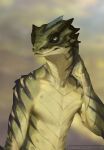  2023 anthro blurred_background digital_media_(artwork) green_body green_eyes green_scales half-length_portrait hand_on_neck head_turned hi_res julian_(nomax) lizard looking_forward male nomax portrait reptile scales scalie solo spikes spikes_(anatomy) striped_body stripes text url 