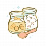  animal_ears cat cat_ears cat_tail closed_eyes food highres jar no_humans open_mouth original pudding spoon stuck tail trxyland watermark whiskers white_cat 