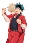  2boys ;d bakugou_katsuki behind_another belt belt_buckle black_belt black_shirt black_vest blonde_hair blurry blush boku_no_hero_academia bright_pupils buckle buttons closed_mouth collared_shirt cowboy_shot dancing depth_of_field diagonal-striped_necktie dress_shirt fingernails formal freckles green_eyes green_hair hair_between_eyes hakua_(ktdkilu) hands_up happy highres holding_hands interlocked_fingers jacket lapels leaning_back leaning_forward leaning_on_person long_sleeves looking_at_another looking_to_the_side male_focus midoriya_izuku multiple_boys notched_lapels official_alternate_costume one_eye_closed open_clothes open_jacket open_mouth pants raised_eyebrows red_eyes red_jacket red_pants red_suit sanpaku scar scar_on_hand shirt short_hair sideways_glance simple_background smile spiked_hair suit v-shaped_eyebrows vest watch white_background white_pupils white_shirt wing_collar wristwatch yaoi 