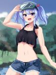  1girl :d alternate_costume arm_up armpit_peek bare_arms bare_shoulders blue_eyes blue_hair blurry blurry_background blush breasts cloud collarbone commentary_request contrapposto cowboy_shot crop_top day denim denim_shorts dot_nose goggles goggles_on_head happy highres kawashiro_nitori light_particles long_hair looking_at_viewer medium_breasts midriff navel open_fly open_mouth outdoors remiria100 short_shorts shorts sky smile solo sunlight touhou tree twintails 