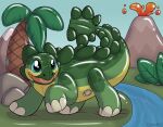  3_toes animate_inainmate animate_inanimate blue_eyes dinosaur feet green_body horn inflatable living_inflatable open_mouth pool_toy reptile scalie symrea toes 