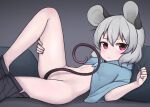  1girl animal_ears black_skirt blue_capelet blush breasts capelet closed_mouth commentary crystal expressionless feet_out_of_frame grey_background grey_hair hair_between_eyes looking_at_viewer lying medium_bangs mouse_ears mouse_girl mouse_tail nazrin nuclear_cake nude on_back pillow pleated_skirt reclining red_eyes short_hair skirt skirt_around_ankles small_breasts solo tail tail_censor touhou undressing 