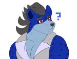  2023 anthro blue_body blue_fur clothed clothing confusion eyebrows fur grey_eyebrows grey_hair hair hi_res hyena kazuhisa kbh_yeen male mammal red_eyes solo 