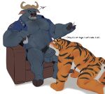  absurd_res anthro anthro_on_anthro balls biped black_stripes blush bovid bovine cape_buffalo chief_bogo clothing disney duo english_text eyebrows felid fellatio genitals hi_res humanoid_genitalia humanoid_penis interspecies male mammal medial_ring medial_ringed_humanoid_penis mukum_1am muscular muscular_anthro muscular_male nude officer_fangmeyer oral pantherine pecs penile penis pubes sex simple_background stripes text tiger white_background zootopia 