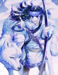  1girl absurdres ainu ainu_clothes asirpa bandana black_hair blue_bandana blue_eyes bow_(weapon) cape earrings foreshortening fur_cape golden_kamuy highres holding holding_bow_(weapon) holding_weapon hoop_earrings jewelry knife korean_commentary long_hair looking_at_viewer outdoors rakkonabe retar snowing standing weapon wolf yellow_eyes 