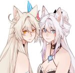  +_+ 2girls animal_ear_fluff animal_ears bare_shoulders blue_eyes breasts cat_ears cleavage closed_mouth cloud_ya grey_hair honkai_(series) honkai_impact_3rd kiana_kaslana kiana_kaslana_(herrscher_of_finality) kiana_kaslana_(herrscher_of_the_void) long_hair looking_at_viewer multiple_girls simple_background smile white_background yellow_eyes 