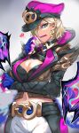  1girl :p black_headwear black_pants black_shirt blonde_hair blue_skin breasts cleavage collared_shirt colored_skin earrings gradient_background highres jewelry large_breasts league_of_legends mole mole_under_eye navel pants pink_headwear pink_pants pink_skin shirt short_hair solo soul_fighter_evelynn stomach tentacles tongue tongue_out umagenzin white_background white_pants 