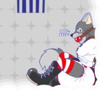  anthro ball_gag bars bdsm bondage boots bound canid canine canis clothing diaper footwear gag linxsandwich male mammal padded_room socks solo wolf 