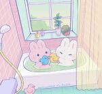  ^_^ animal_focus artist_name ayu_(mog) bath bathing bathtub black_eyes blush closed_eyes closed_mouth commentary flower_pot indoors no_humans original partially_submerged plant potted_plant rabbit rubber_duck shower_curtain shower_head smile solid_circle_eyes symbol-only_commentary tile_floor tile_wall tiles twitter_username water window windowsill 