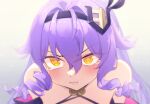  1girl annoyed bare_shoulders blush gradient_background hairband honkai_(series) honkai_impact_3rd leaning_forward ling_huanxiang long_hair puffy_cheeks purple_hair sirin sirin_(miracle_magical_girl) solo sparkle symbol-shaped_pupils tears upper_body yellow_eyes 