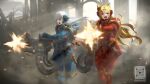  2girls adeptus_astartes animal_ears artist_name belt_feed blonde_hair blue_armor blue_eyes firing gun heterochromia machine_gun multiple_girls red_armor red_eyes shell_casing tom-neko_(zamudo_akiyuki) ultramarines warhammer_40k weapon white_hair 