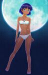  1girl absurdres arms_at_sides bandeau bare_shoulders blue_background blue_gemstone blunt_bangs blunt_ends blush bob_cut breasts closed_mouth collarbone commentary curled_fingers dark dark-skinned_female dark_skin earrings full_body full_moon fushigi_no_umi_no_nadia gem gold_bracelet green_eyes hair_ornament hairclip highres hoop_earrings jewelry legs light_blush light_smile loincloth looking_at_viewer maruyama_musashi midriff moon nadia_la_arwall navel neck_ring necklace night night_sky pendant purple_hair short_hair sky small_breasts solo spread_legs standing toes underboob white_bandeau 