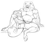  anthro balls big_balls big_pecs big_penis bottomwear breath buzzybub canid canine canis clothing domestic_dog erection fluffy fluffy_hair fluffy_mane fluffy_tail genitals hair loincloth male mammal musclegut muscular muscular_male panting pawpads pecs penis revealing_penis solo tail tongue tongue_out 