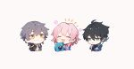  1girl 2boys ahoge aoppoi_oto aqua_eyes artist_name black_choker black_hair black_jacket black_shirt blue_jacket blush caelus_(honkai:_star_rail) camera chibi choker closed_eyes closed_mouth coat crossed_arms dan_heng_(honkai:_star_rail) flower grey_hair hair_between_eyes hands_up highres holding holding_camera honkai:_star_rail honkai_(series) hood hooded_jacket jacket long_sleeves looking_at_another march_7th_(honkai:_star_rail) multiple_boys open_clothes open_coat open_mouth pink_flower pink_hair shirt short_hair simple_background smile standing t-shirt trailblazer_(honkai:_star_rail) white_background white_coat white_shirt yellow_eyes 