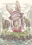  1other :3 androgynous animal_ear_fluff body_fur brown_fur claws ears_through_headwear furry haineko_05 highres horizontal_pupils long_hair made_in_abyss nanachi_(made_in_abyss) no_humans other_focus outdoors pants red_pants signature sitting topless water whiskers white_hair yellow_eyes 