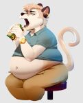  annoyed anthro belly bottomwear burger clock clothed clothing ear_piercing eating euplerid food fossa fur hi_res holding_burger holding_food holding_object male mammal navel obese obese_anthro obese_male okaeri open_bottomwear open_clothing open_mouth open_pants overweight overweight_anthro overweight_male pants piercing sitting sitting_on_stool solo stretch_marks tan_body tan_fur teeth tight_clothing tongue watch wristwatch 