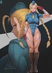  1girl blonde_hair blue_eyes boots breasts buckle cammy_white fingerless_gloves gloves highres howxen leotard muscular muscular_female salute scar scar_on_face street_fighter thick_thighs thighs twintails 