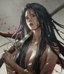  1girl ashina_genichirou black_hair black_nails blood bow_(weapon) breasts cdash817 cleavage crying crying_with_eyes_open genderswap genderswap_(mtf) highres imminent_suicide katana large_breasts long_hair sekiro:_shadows_die_twice seven-branched_sword solo sword tears topless weapon 