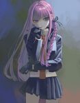  1girl black_gloves black_ribbon braid breasts brown_necktie closed_mouth collared_shirt danganronpa:_trigger_happy_havoc danganronpa_(series) gloves hair_intakes hair_ribbon hand_up highres jacket kirigiri_kyoko liu_(000giniro) long_hair long_sleeves looking_at_viewer miniskirt multicolored_background necktie open_clothes purple_eyes purple_hair ribbon shirt side_braid skirt solo thinking 