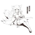  1girl ahri_(league_of_legends) animal_ears breasts chinese_text dated dress ejami fox_ears fox_girl fox_tail full_body greyscale league_of_legends long_hair looking_at_viewer monochrome nail_polish open_mouth signature simple_background smile solo tail thighhighs white_background 