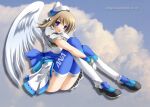 1girl 2000s_(style) all_nippon_airways archived_source ashita_yaru black_footwear black_ribbon blue_footwear blue_gloves blue_headwear blue_sash blue_thighhighs boeing_767 breasts closed_mouth cloud drop_shadow feathered_wings finger_to_mouth full_body gloves hand_up hat hat_ribbon japanese_flag large_breasts light_brown_hair medium_hair miniskirt original personification pleated_skirt purple_eyes ribbon sash shirt shoes short_sleeves sitting skirt smile solo thighhighs two-tone_footwear two-tone_gloves two-tone_headwear two-tone_legwear two-tone_ribbon two-tone_thighhighs white_gloves white_headwear white_ribbon white_shirt white_skirt white_thighhighs white_wings wings 