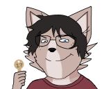  alpha_channel anonymous_artist anthro brown_hair canid canine canis clothed clothing eyewear glasses hair holding_object key looking_at_viewer male mammal mikko_(dawn_chorus) shoyta simple_background solo soyjak transparent_background 