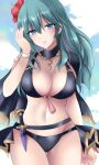 1girl adjusting_clothes aqua_hair bikini black_bikini black_capelet blue_eyes breasts byleth_(female)_(fire_emblem) byleth_(female)_(summer)_(fire_emblem) byleth_(fire_emblem) capelet commentary_request dagger fire_emblem fire_emblem:_three_houses fire_emblem_heroes flower hair_flower hair_ornament hibiscus highres jewelry kirishima_riona knife large_breasts long_hair looking_at_viewer navel necklace official_alternate_costume red_flower smile solo swimsuit tassel upper_body weapon wristband 