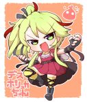  1girl blush boots capelet chibi creature deathpolca demons_roots dress fingerless_gloves full_body gloves green_eyes green_hair kado_(hametunoasioto) long_hair looking_at_viewer open_mouth red_dress side_ponytail smile solo striped striped_thighhighs thighhighs zettai_ryouiki 