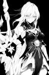  1girl arm_up bare_shoulders black_background crystal_sword detached_sleeves earrings expressionless gloves greyscale hair_ribbon high_ponytail highres holding holding_weapon honkai:_star_rail honkai_(series) jewelry jingliu_(honkai:_star_rail) komino_tasa long_hair looking_down monochrome ribbon single_earring solo standing sword weapon white_hair 