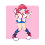  1girl :d artist_name blue_shorts blush border buttons collarbone commentary_request eyelashes full_body hair_ornament hairclip hands_up happy highres jacket kneehighs knees long_hair open_mouth pigeon-toed pink_background pokemon pokemon_(game) pokemon_hgss shiogi_(riza_49) shoes shorts smile socks solo squatting striped striped_socks twintails w_arms white_border white_jacket whitney_(pokemon) 