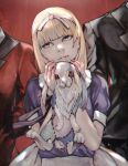  alice_(megami_tensei) blonde_hair blunt_bangs dress hair_ribbon hairband highres holding_rabbit long_hair nyami parted_lips purple_dress red_eyes ribbon shin_megami_tensei shin_megami_tensei:_strange_journey short_sleeves stitched_torso stitches yellow_eyes 