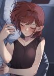  1girl 92m absurdres ahoge blush breasts brown_shirt closed_eyes commentary_request fingernails highres indoors kinshi_no_ane large_breasts lying on_side original parted_lips pillow red_hair shirt short_hair sleeping sleeveless sleeveless_shirt solo sweat 