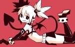  1girl akableak boots demon_girl demon_tail demon_wings disgaea earrings elbow_gloves etna_(disgaea) flat_chest gloves grin jewelry knee_boots looking_at_viewer lying microskirt mini_wings monochrome on_stomach pointy_ears red_background simple_background skirt skull_earrings smile solo tail twintails wings 