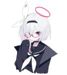  1girl a.r.o.n.a_(blue_archive) aka_kan alternate_hair_length alternate_hairstyle black_coat black_eyes black_hairband black_sailor_collar black_serafuku blue_archive bob_cut choker closed_mouth coat cropped_torso expressionless glasses hair_over_one_eye hair_ribbon hairband halo hand_to_own_mouth hand_up looking_at_viewer neckerchief open_clothes open_coat red-framed_eyewear red_pupils ribbon sailor_collar school_uniform semi-rimless_eyewear serafuku simple_background sleeves_past_wrists solo tilted_headwear white_background white_neckerchief white_ribbon 