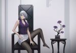  1girl absurdres black_pantyhose breasts chair girls&#039;_frontline highres large_breasts looking_at_viewer lynx_aidenn miniskirt open_mouth pantyhose purple_shirt rpk-16_(girls&#039;_frontline) shirt short_hair sitting skirt sleeveless smile solo white_hair white_skirt 