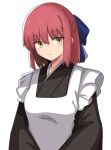  1girl absurdres apron bangs black_kimono blue_bow blush bow brown_eyes closed_mouth commentary commentary_request hair_bow half_updo highres japanese_clothes kimono kohaku_(tsukihime) looking_at_viewer maid_apron maz_515 red_hair short_hair simple_background smile solo tsukihime wa_maid white_apron white_background 