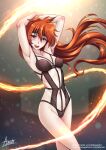  1girl adsouto arms_up black_headband breasts earrings headband highres jewelry lina_inverse lingerie long_hair navel open_mouth orange_hair red_eyes slayers small_breasts solo standing teeth underwear upper_teeth_only very_long_hair 