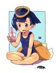  1girl :o animal_ears black_hair blue_background blue_one-piece_swimsuit bob_cut border breasts collared_shirt crab crossed_legs cup drinking_straw extra_ears flat_chest fox_ears fox_girl fox_tail full_body goggles goggles_on_head holding holding_cup kukuri_(mawaru) mawaru_(mawaru) milk_tea multiple_tails one-piece_swimsuit open_mouth original purple_eyes shirt short_hair small_breasts solo swimsuit tail white_border 