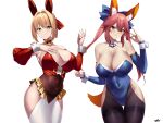  2girls animal_ear_fluff animal_ears bare_shoulders blonde_hair blue_bow bow braid breasts choker cleavage covered_navel detached_collar detached_sleeves fate/extra fate/grand_order fate_(series) fox_ears fox_girl fox_tail french_braid gradient_background green_eyes hair_between_eyes hair_bow hand_on_own_chest highres kurozawa_yui large_breasts legs_together long_hair looking_at_viewer multiple_girls nero_claudius_(fate) nero_claudius_(fate/extra) pink_hair rabbit_ears sidelocks smile tail tamamo_(fate) tamamo_no_mae_(fate/extra) twintails yellow_eyes 