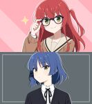  2girls bespectacled black-framed_eyewear blue_hair blush bocchi_the_rock! child_(isoliya) closed_mouth collared_shirt glasses green_eyes hair_ornament hairclip highres kita_ikuyo long_hair long_sleeves looking_at_viewer mole mole_under_eye multiple_girls one_side_up red_hair ribbon sailor_collar shirt short_hair simple_background sparkle upper_body white_shirt yamada_ryo yellow_eyes 