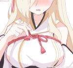  1girl animal_ears blonde_hair blue_archive blush breast_focus breasts detached_sleeves hair_over_one_eye head_out_of_frame japanese_clothes kaho_(blue_archive) large_breasts long_hair mole mole_under_mouth nose_blush parted_lips rate_world_mk1 rope sideboob simple_background solo white_background 