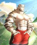  1boy abs absurdres alternate_costume alternate_facial_hair animal_ears arknights bara beard cross_scar facial_hair feet_out_of_frame field furry furry_male grass hands_in_pockets highres large_hands large_pectorals looking_to_the_side male_focus mature_male mountain_(arknights) muscular muscular_male navel no_nipples onlybwg3 outdoors pectorals red_shorts scar scar_on_arm short_hair shorts sideburns solo standing stomach sunlight thick_eyebrows tiger_boy tiger_ears topless_male white_fur wind 