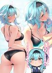  1girl :&lt; amo_takumi aqua_hair ass bikini black_bikini black_hairband blue_necktie blush breasts chibi cleavage closed_mouth commentary_request eula_(genshin_impact) genshin_impact hair_between_eyes hairband highres large_breasts looking_at_viewer looking_back multicolored_hair multiple_views necktie orange_eyes parted_lips partially_submerged side-tie_bikini_bottom swimsuit translation_request wet wet_hair white_hair 